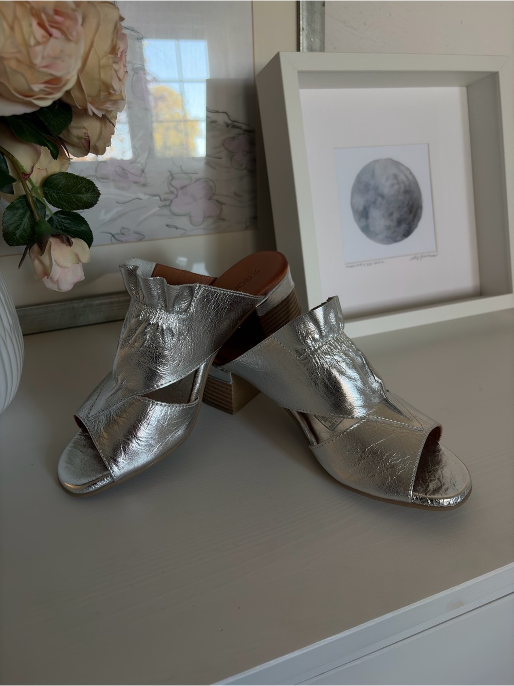 Metallic Silver Open-Toe Block Heel Mules